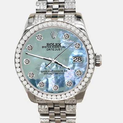 Pre-owned Rolex Datejust Midsize 31mm 3.30ct Diamond Bezel Bracelet Tahitian Blue Mop Diamond Dial Steel Wristwatch 