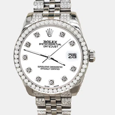 Pre-owned Rolex Datejust Midsize 31mm 3.30ct Diamond Bezel Bracelet White Diamond Dial Steel Wristwatch 178240