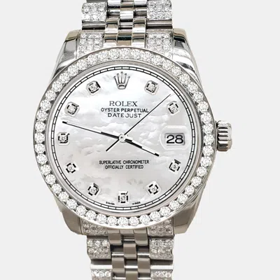 Pre-owned Rolex Datejust Midsize 31mm 3.30ct Diamond Bezel Bracelet White Mop Diamond Dial Steel Wristwatch 178240