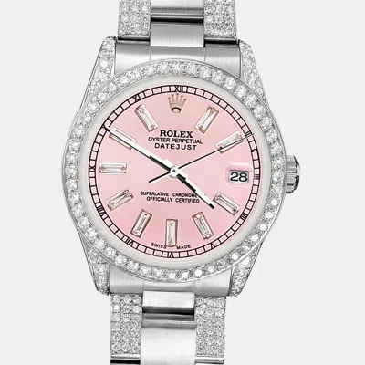 Pre-owned Rolex Datejust Midsize 31mm 3.5ct Diamond Bezel Lugs Bracelet Pink Baguette Diamond Dial Wristwatch