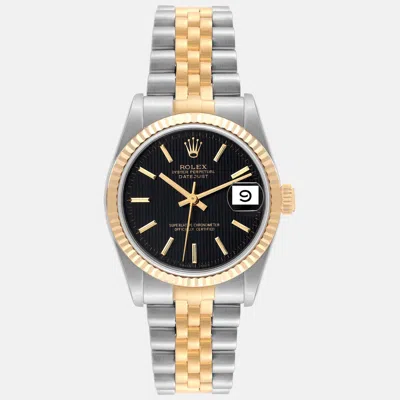Pre-owned Rolex Datejust Midsize Black Tapestry Dial Steel Yellow Gold Women's Watch 31 Mm
