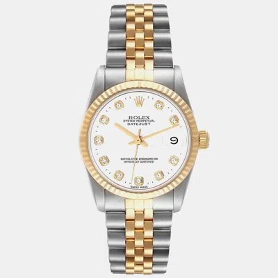 Pre-owned Rolex Datejust Midsize Steel Yellow Gold Diamond Ladies Watch 31 Mm In White