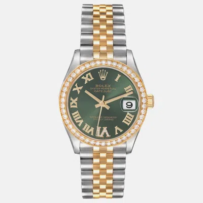 Pre-owned Rolex Datejust Midsize Steel Yellow Gold Diamond Ladies Watch 31.0 Mm In Green