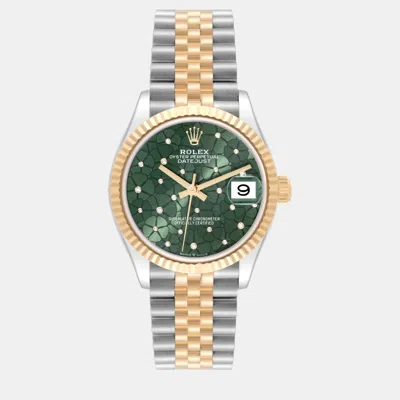 Pre-owned Rolex Datejust Midsize Steel Yellow Gold Floral Diamond Dial Ladies Watch 31 Mm In Green