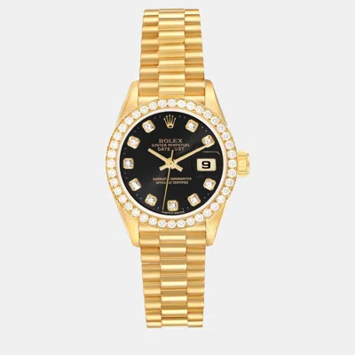 Pre-owned Rolex Datejust President Yellow Gold Black Dial Diamond Ladies Watch 26 Mm