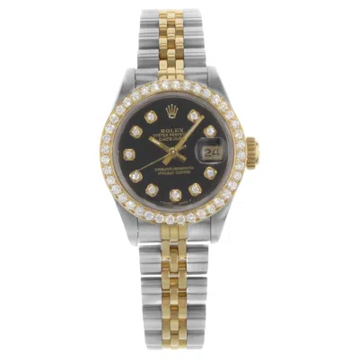 Pre-owned Rolex Datejust Steel 18k Yellow Gold Custom Diamonds Black Dial Watch 69173