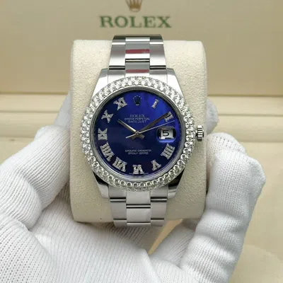 Pre-owned Rolex Datejust Steel Custom Diamond Bezel Blue Dial Automatic Watch 126300