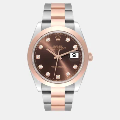 Pre-owned Rolex Datejust Steel Rose Gold Brown Diamond Dial Men's Watch 41 Mm