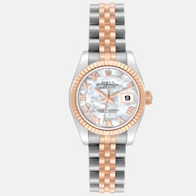 Pre-owned Rolex Datejust Steel Rose Gold Mother Of Pearl Dial Ladies Watch 26 Mm In Silver