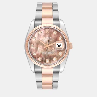 Pre-owned Rolex Datejust Steel Rose Gold Mother Of Pearl Diamond Dial Men's Watch 36 Mm In Black