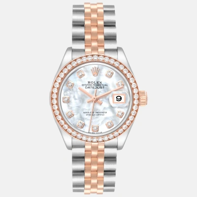 Pre-owned Rolex Datejust Steel Rose Gold Mother Of Pearl Diamond Ladies Watch 279381 28 Mm In Silver