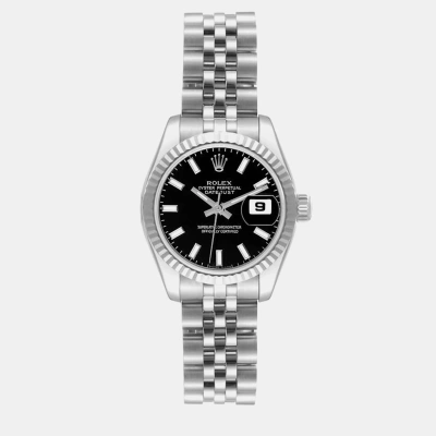 Pre-owned Rolex Datejust Steel White Gold Black Dial Ladies Watch 179174 26 Mm