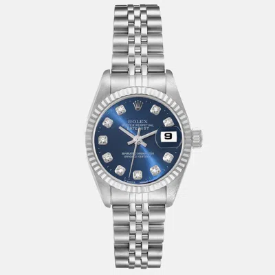 Pre-owned Rolex Datejust Steel White Gold Blue Diamond Dial Ladies Watch 69174