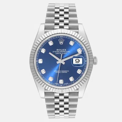 Pre-owned Rolex Datejust Steel White Gold Diamond Dial Men's Watch 41 Mm In Blue
