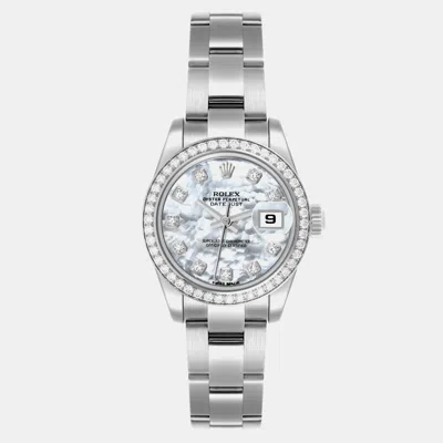 Pre-owned Rolex Datejust Steel White Gold Mother Of Pearl Diamond Ladies Watch 179384 26 Mm In Silver