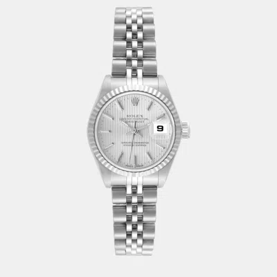 Pre-owned Rolex Datejust Steel White Gold Tapestry Dial Ladies Watch 26 Mm In Silver