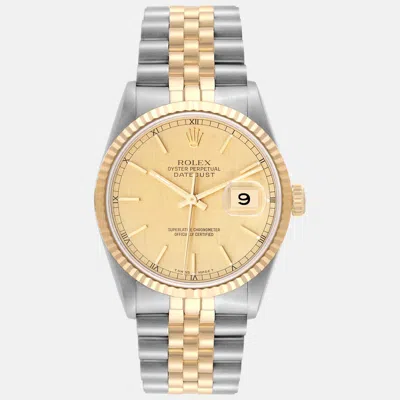 Pre-owned Rolex Datejust Steel Yellow Gold Champagne Linen Dial Men's Watch 36 Mm
