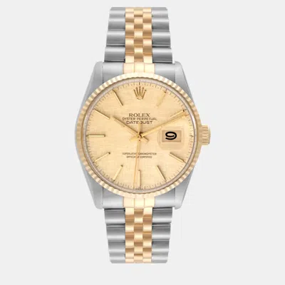 Pre-owned Rolex Datejust Steel Yellow Gold Champagne Linen Dial Vintage Men's Watch 36 Mm
