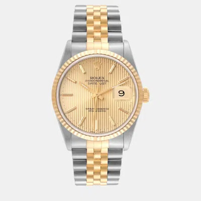 Pre-owned Rolex Datejust Steel Yellow Gold Champagne Tapestry Dial Men's Watch 36 Mm