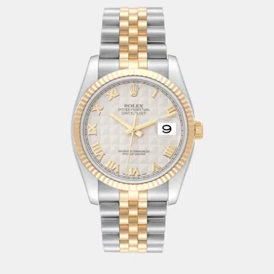 Pre-owned Rolex Datejust Steel Yellow Gold Ivory Pyramid Dial Men's Watch 36 Mm In White