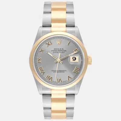 Pre-owned Rolex Datejust Steel Yellow Gold Slate Dial Men's Watch 36 Mm In Grey