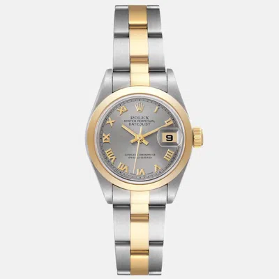 Pre-owned Rolex Datejust Steel Yellow Gold Smooth Bezel Slate Dial Ladies Watch 26 Mm In Grey