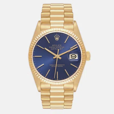 Pre-owned Rolex Datejust Yellow Gold Blue Dial Vintage Men's Watch 36 Mm