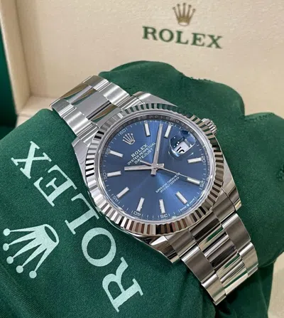 Pre-owned Rolex Datejust 41 Blue Index 126334 Gold Bezel On Oyster Unworn Complete