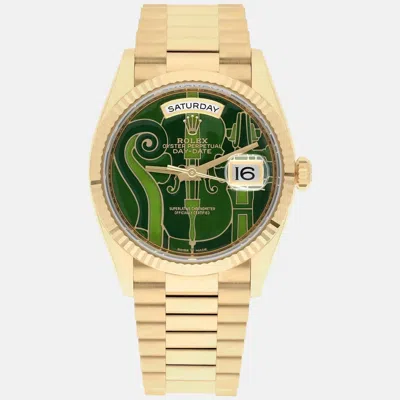Pre-owned Rolex Day-date 128238 Automatic Green 18k Yellow Gold Men's Wristwatch 36 Mm