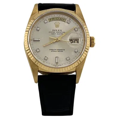 Pre-owned Rolex Day Date 18038 36mm Factory Diamond Dial And Leather Strap 18k Yellow Gold