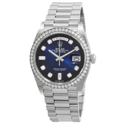 Rolex Day-date 36 Blue Diamond Dial 18kt White Gold President Watch 128349bldp In Blue / Gold / Gold Tone / White