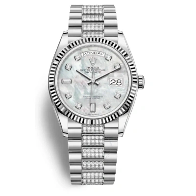Rolex Day-date 36 Mother Of Pearl Dial 18kt White Gold Diamond Set President Watch 128239mddp In Metallic