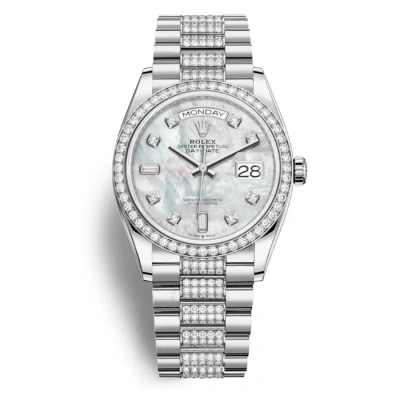 Rolex Day-date 36 Mother Of Pearl Dial 18kt White Gold Diamond Set President Watch 128349mddp In Metallic