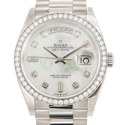 Rolex Day-date 36 Mother Of Pearl Diamond Dial 18kt White Gold President Watch 128349mdp In Metallic