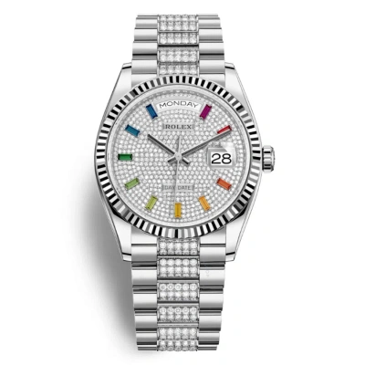 Rolex Day-date 36 Paved Dial 18kt White Gold Diamond Set President Watch 128239dsdp In Metallic