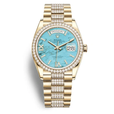 Rolex Day-date 36 Turquoise Dial Automatic 18kt Yellow Gold Diamond Set President Watch 128348tqrsdp In Blue