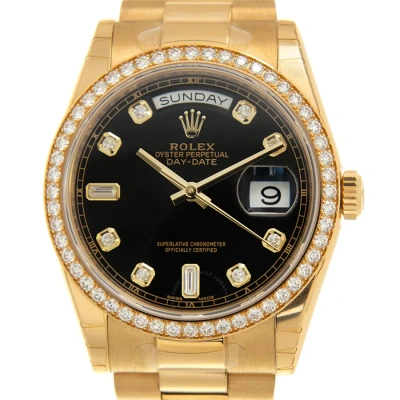 Rolex Day-date Automatic Chronometer Diamond Black Dial Unisex Watch 118348-0024 In Gold