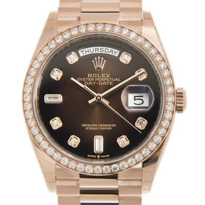 Rolex Day-date Automatic Chronometer Diamond Brown Dial Ladies Watch 128345rbr In Brown / Gold / Gold Tone / Rose / Rose Gold