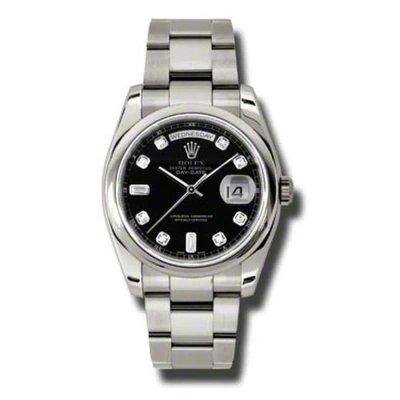 Rolex Day-date Black Dial 18k White Gold Oyster Bracelet Automatic Men's Watch 118209bkdo In Metallic