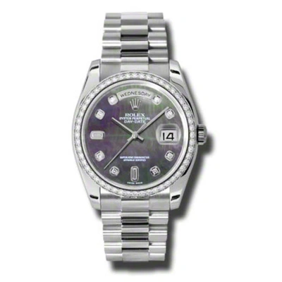 Rolex Day-date Black Mother Of Pearl Dial Platinum President Automatic Ladies Watch 118346bkmdp In Metallic