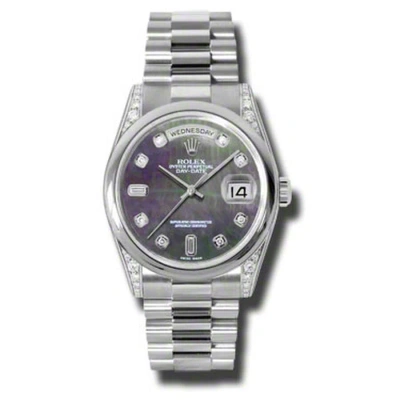 Rolex Day-date Black Mother Of Pearl Dial Platinum President Automatic Men's Watch 118296bkmdp In Gray