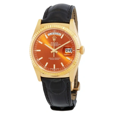 Rolex Day Date Cognac Dial 18k Yellow Gold Leather Men's Watch 118138col In Cognac / Gold / Yellow
