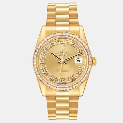 Pre-owned Rolex Day Date President Yellow Gold Myriad Diamond Dial Bezel Men's Watch 36 Mm