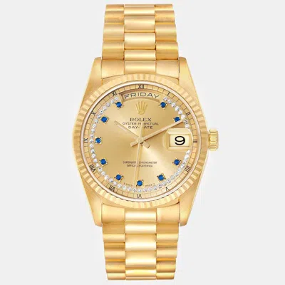 Pre-owned Rolex Day-date President Yellow Gold String Diamond Sapphire Men's Watch 36 Mm