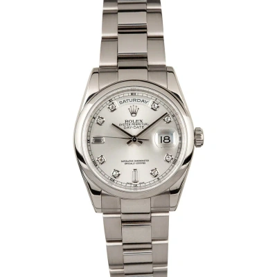 Rolex Day-date Silver With Diamonds Dial 18k White Gold Oyster Bracelet Automatic Men's Watch 118209 In Metallic