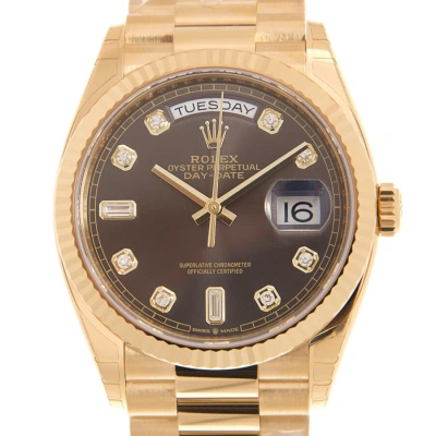 Rolex Day-date Yellow Gold Dark-grey Diamond Automatic Chronometer Ladies Watch 128238-0022 In Dark / Gold / Gold Tone / Grey / Yellow