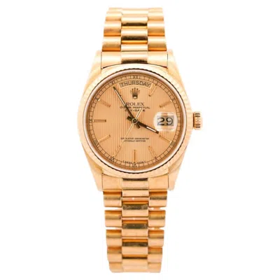 Pre-owned Rolex Daydate 36mm 18k Gold Fluted Bezel Champagne Tapestry Presidential Watch In Multi