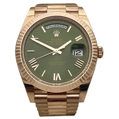 Pre-owned Rolex Day-date Rose Gold 40mm Olive Green With Box And Papers In Red