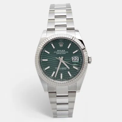 Pre-owned Rolex Green 18k White Gold Oystersteel Datejust 126334-0030 Men's Wristwatch 41 Mm