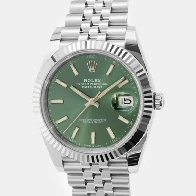 Pre-owned Rolex Green 18k White Gold Stainless Steel Datejust 126334 Automatic Men's Wristwatch 41 Mm